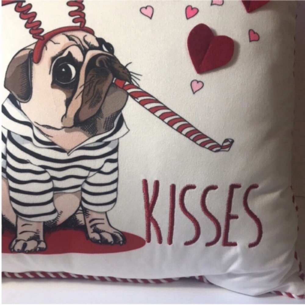Pugs and Kisses Valentine’s throw pillow New